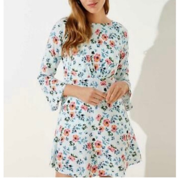 LOFT Floral Tunic Tie Back Bell Sleeve Boho Style Mini Dress Size 14 - Picture 1 of 16